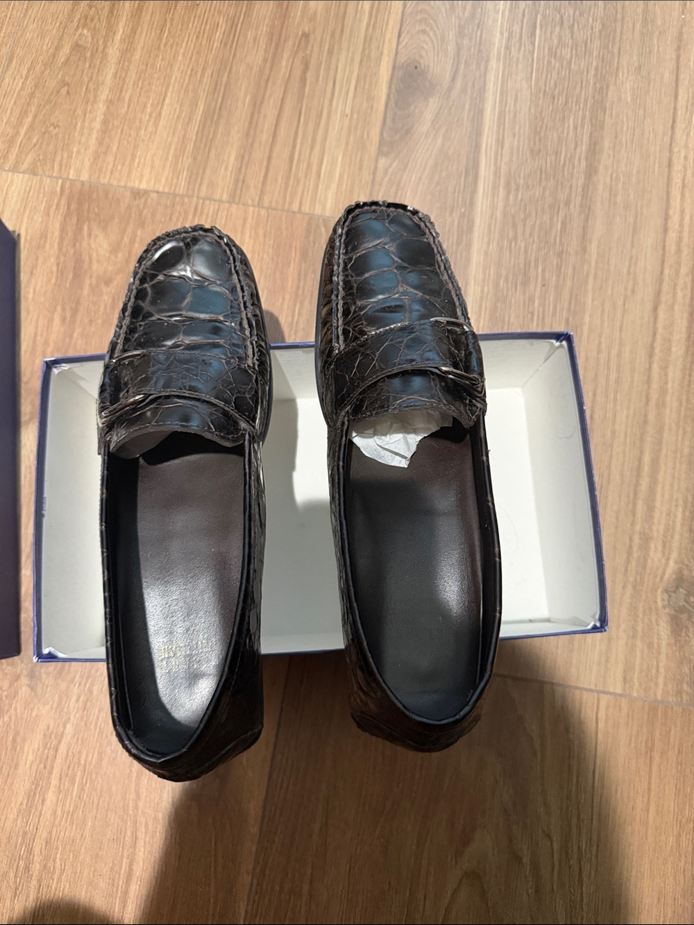 Stuart Weitzman Dark Brown Croc-Embossed Leather Loafers